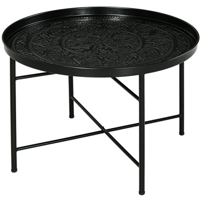 24" Round Coffee Table With Hammered Tray Top, Vintage Metal Center Table For Living Room, Bedroom, Side Table, Black