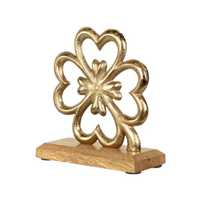 Décoration trèfle à quatre feuilles en métal avec base en bois - 6,5 po