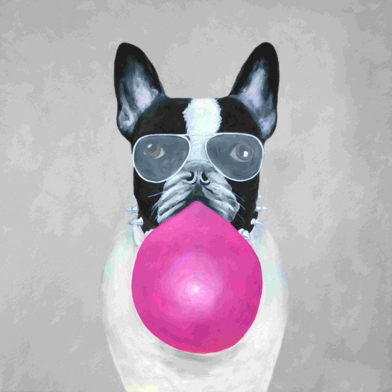 Bulldog avec gomme à bulles - peinture sur toile tendue, H 12 po x l 12 po, Non, Cadre simple noir