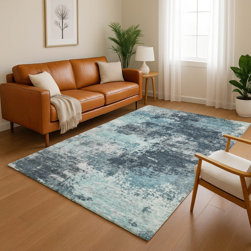 Tapis abstrait lavable à la machine de qualité supérieure Mayfield AMF2065, Sarcelle, 10 pi x 14 pi