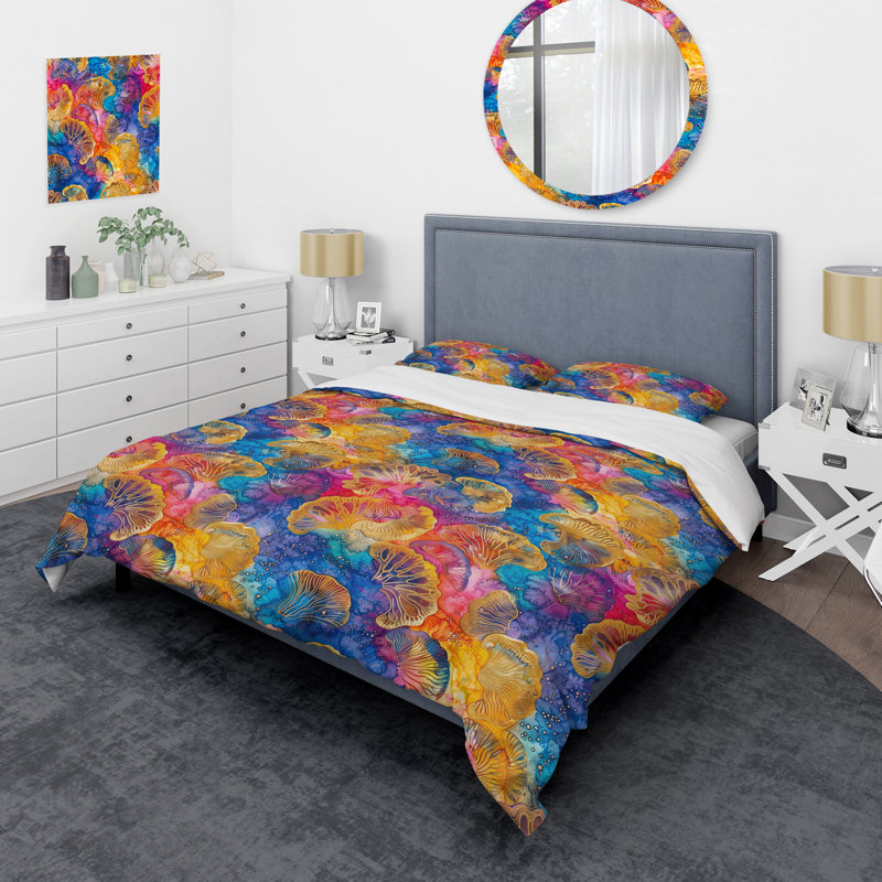 Bleu jaune Modern Sea Treasures - Ensemble de housse de couette moderne, Housse de couette pour grand lit et 2 taies décor