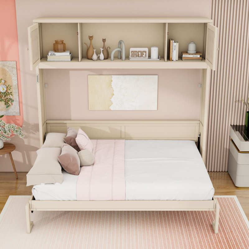 Lit escamotable en bois avec armoires et lattes, Beige