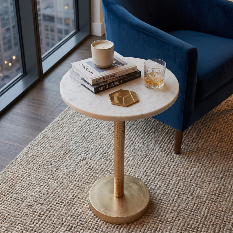 Rejanae Elegant Marble Top Drink Table – Round Metal Pedestal Accent End Table for Living Room, Kitchen, or Decorative Display – 24", White & Gold