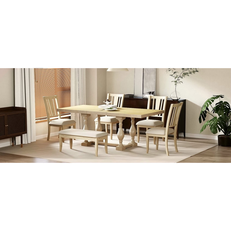Ensemble de table de salle à manger extensible avec tréteaux 78 pouces avec une feuille amovible de 18 pouces, chaises et banc rembourrés