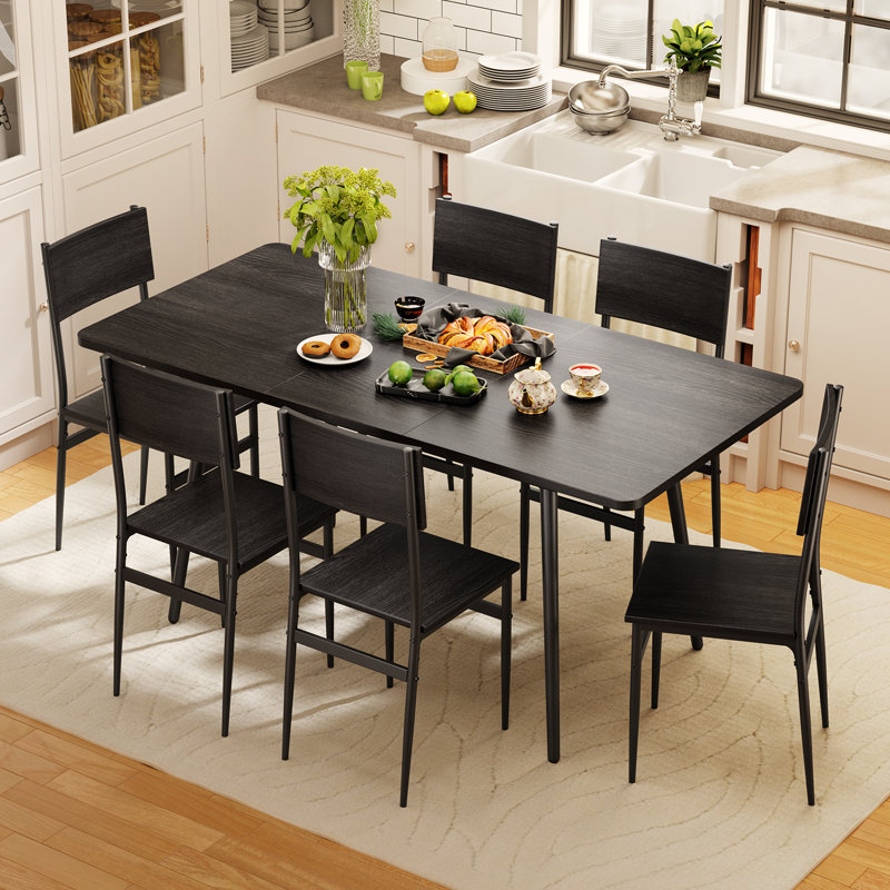 Deyton Modern 7-Piece Rectangular Expandable Dining Set with Wood Chairs, 63'' Table, Black