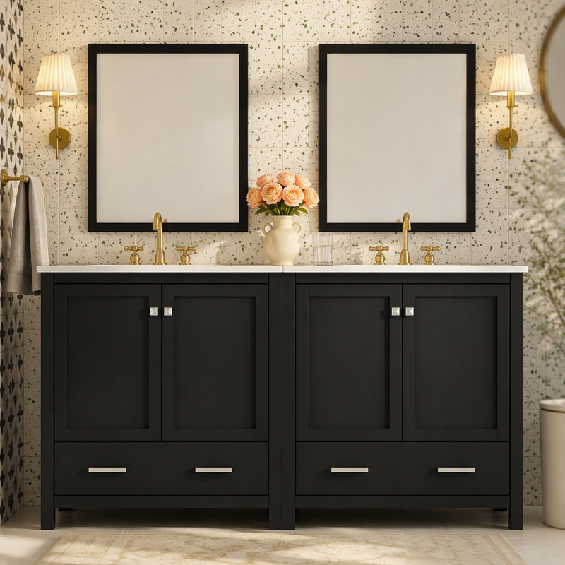 Ensemble de meuble-lavabo 60 po avec lavabos doubles (séparés), lavabos doubles en céramique, tablette de rangement et tiroirs séparés (miroir non inclus) - Solution de salle de bain moderne pour salles de bain spacieuses