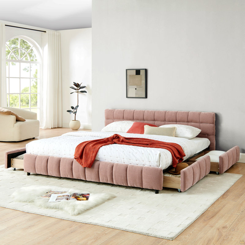 King Size Upholstered Bed ,Comfortable Upholstered Bed Frame, Chenille Fabric, King, Pink