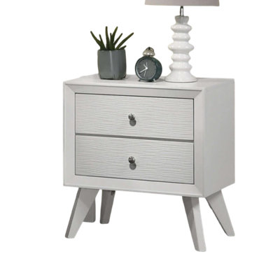 White Solid Wood Nightstand With Wave Texture, 2-Drawer Bedside Table, Bronze Round Knobs | Gift Idea