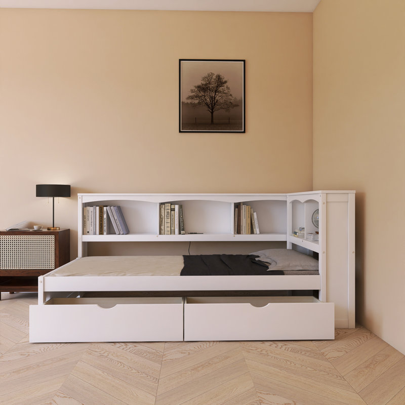Lit plateforme simple avec rangement Wood, Blanc