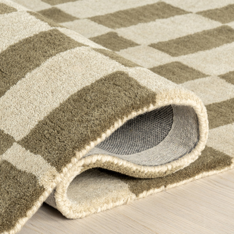 Olive and Beige Hand-Tufted Wool Runner Rug