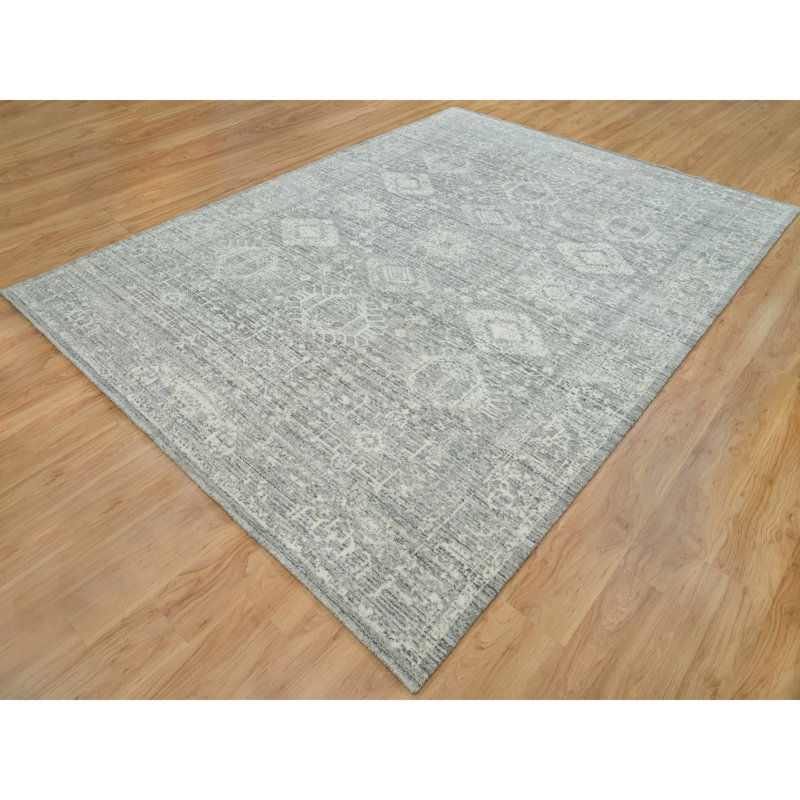 Tapis gris 100% laine tissé à la main 9 pi x 12 pi Karajeh 9F x8 '