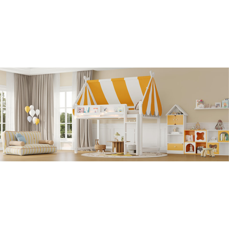 Full Size Loft Bed With Canopy, Led Lights & Book Shelf, White