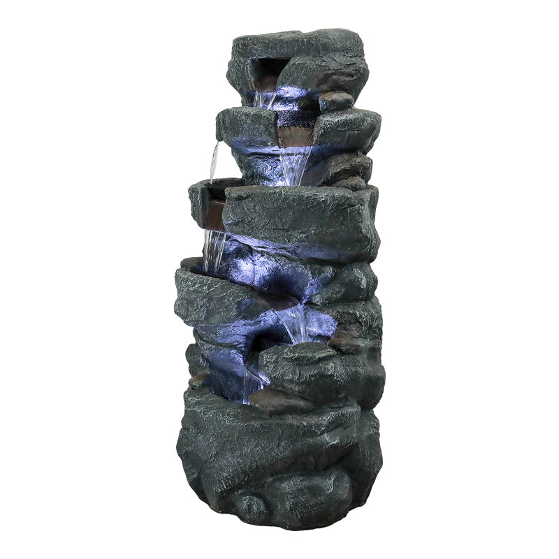 40.5in Rock Water Fountain w/Lights -Outdoor 6-Tier Waterfall Fountain