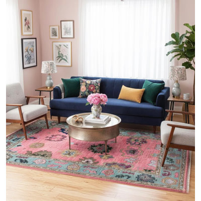 Hand-Knotted Pink & Blue Oriental Oushak Wool Area Rug – 4' x 6' ft