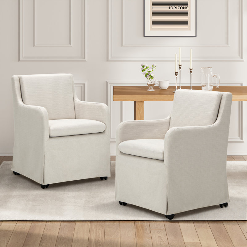 19" Wide Upholstered Dining Armchair with Casters, Removable Cushion, Soft Fabric Slipcovered Accent Chair, Low Seat Height for Dining Room & Living Room