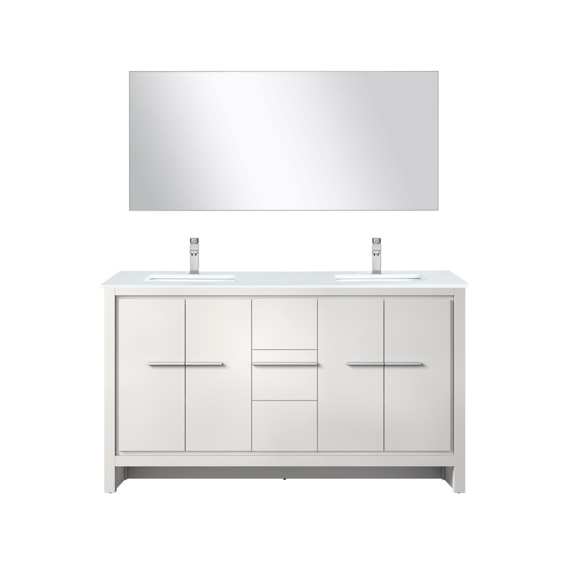 Lafarre 60 in W x 20 in D Double Bath Vanity Mirror and Faucet Set, White, White Cultured Marble