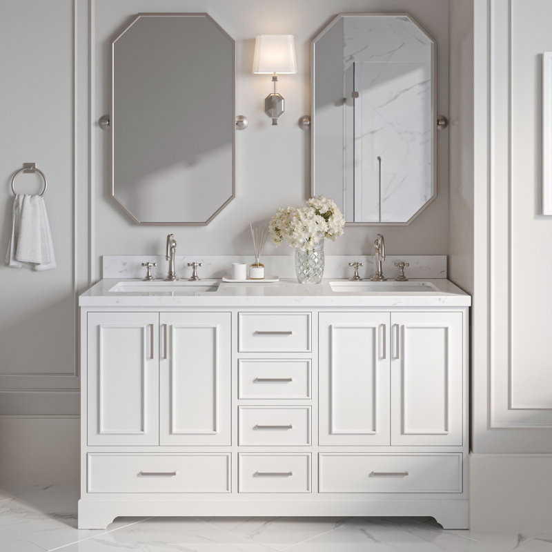 Meuble-lavabo double 60,25 po avec plateau en quartz Abshire, Blanc