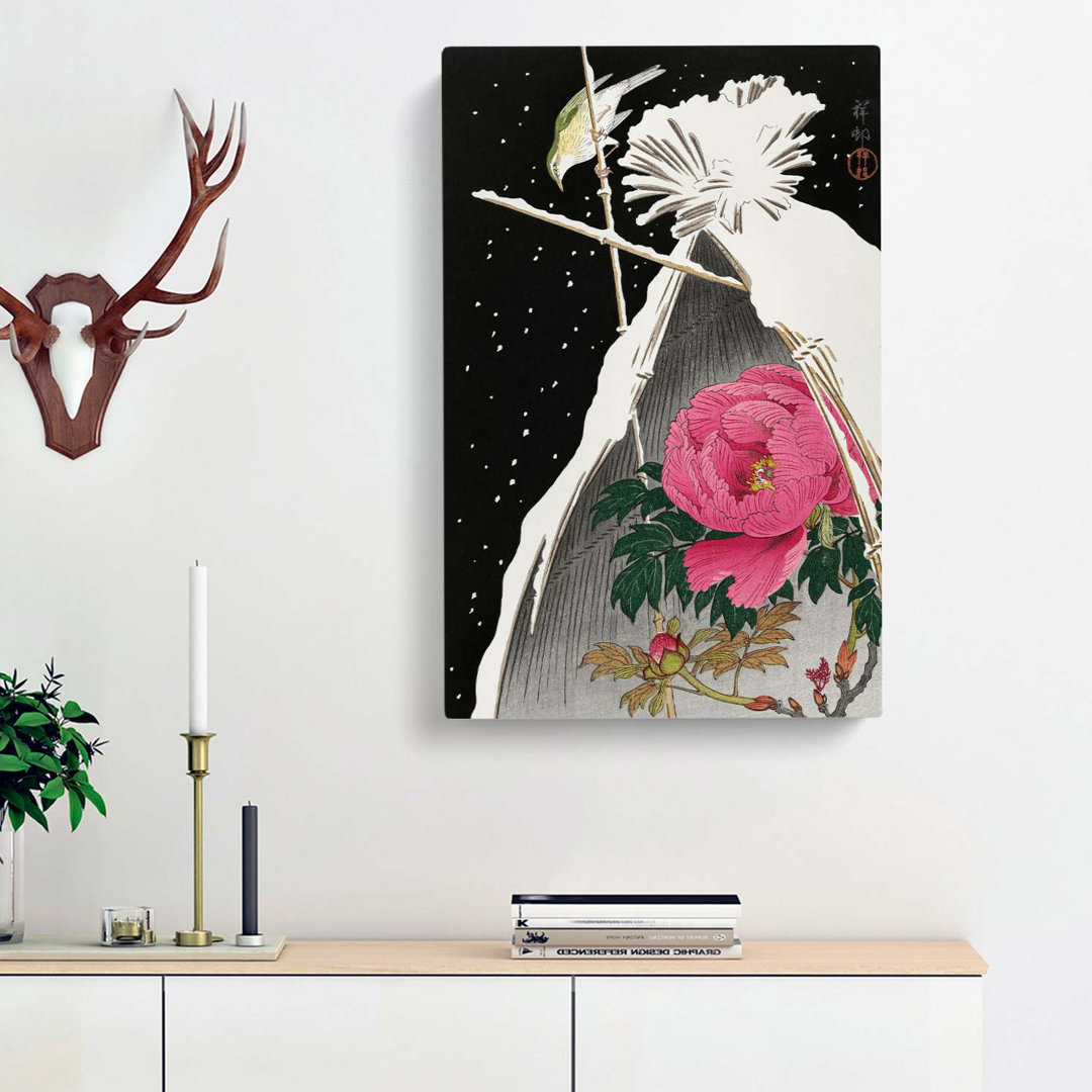 Siberian Bluechat Bird And Pink Peony by Ohara Koson - Wrapped Canvas