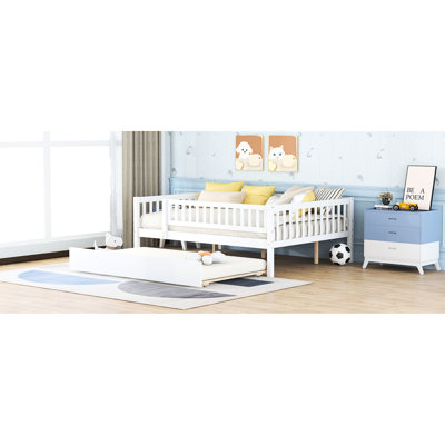 Lit de jour en bois pleine grandeur avec lit gigogne et garde-corps de clôture, blanc - durable, garde-corps de clôture en pin, option de couchage supplémentaire
