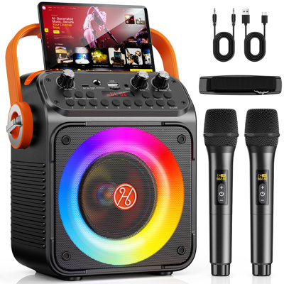 Portable Bluetooth Karaoke Speaker With 2 Wireless Microphones For Adults  Supports Usb/Tf/Rec/Fm/Aux  Pa System With Echo Adjustment, Led Lights  For Home Party, Outdoor