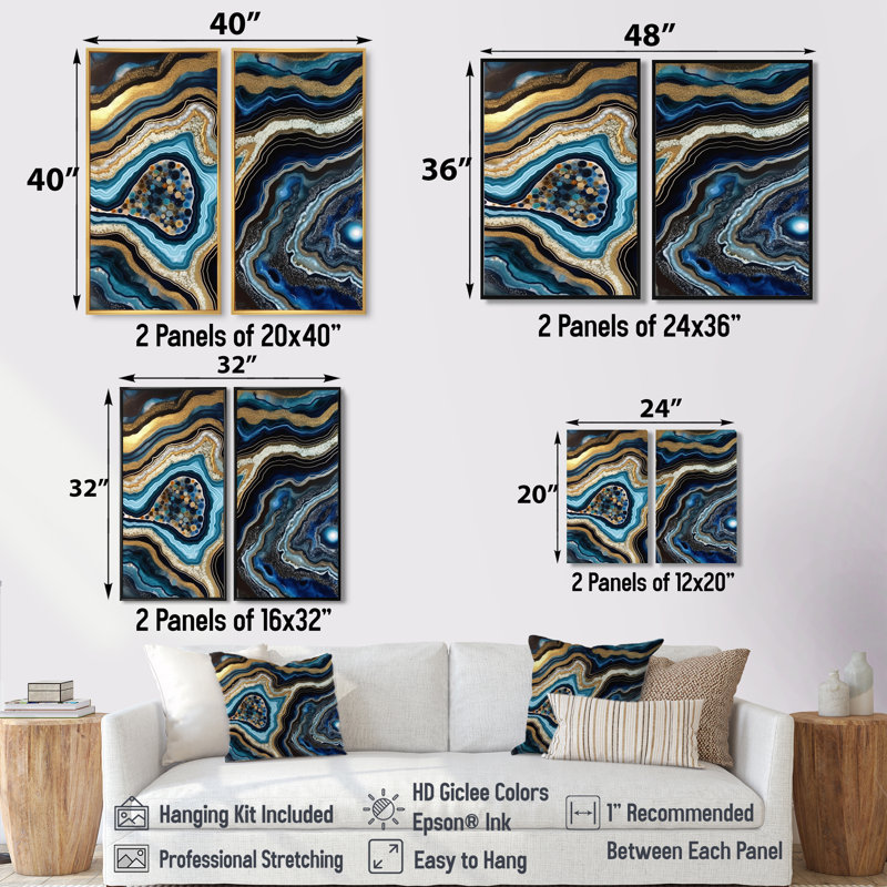 «Gold Blue Geode Gems - Stone Geode», reproduction sur toile encadrée, Noir, H 36 po x l 48 po, Impression encadrée flottante