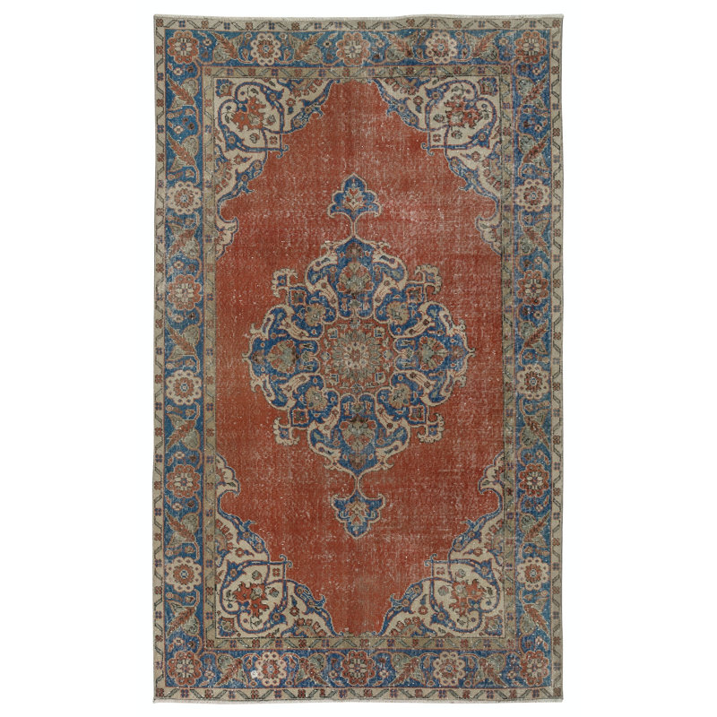 Tapis turc rétro en laine noué à la main avec motif médaillon