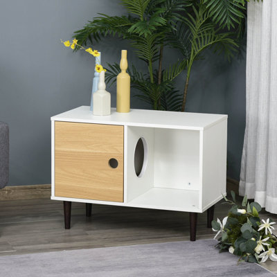 Maison pour chat avec coussin moelleux et rangement, coussin en bois stable et surélevé pour plus de propreté, option de rangement polyvalent pour animaux de compagnie, chats appropriés