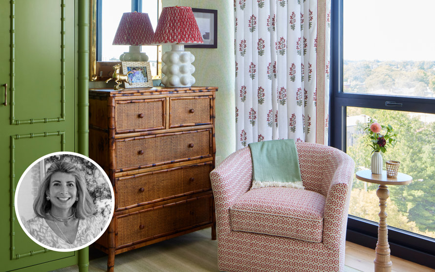 Living room design with bamboo chest, patterned chair, and floral curtains.