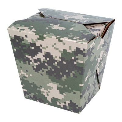 Restaurantware-Bio Tek 4 x 3.5 x 4 Inch Food Containers, 200 Noodle Takeaway Boxes - Disposable, Sturdy, Camouflage Paper 26 Ounce Take Out Boxes, Square, For Hot Or Cold Foods