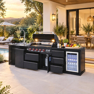 Îlot de cuisine extérieure de 114 pouces avec barbecue à 6 brûleurs, puissance de 83 500 BTU, évier et réfrigérateur