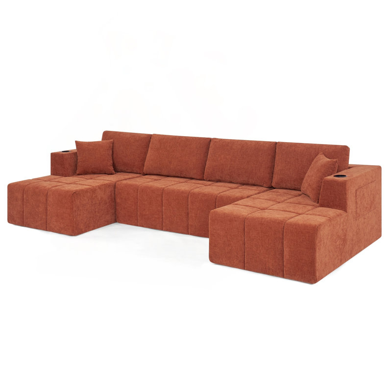 Canapé modulaire 132 po en forme de U en chenille avec porte-gobelets, poches latérales et sans assemblage, Orange Chenille