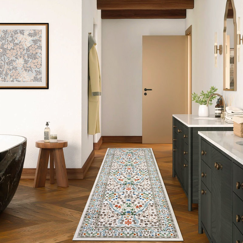 Vintage Floral Area Rug Washable Rugs Stain Resistant Easy Cleaning Indoor Carpet With Non-Slip Backing Low Pile Floor Cover Non Shedding Folding Throw Carpet For Home Decor