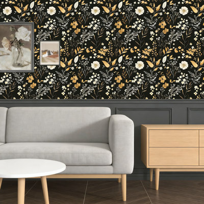 Golden Floral Peel And Stick Wallpaper - Vintage Black Leaf Contact Paper, Waterproof Vinyl Self-Adhesive Removable Wallpaper For Bedroom, Bathroom, Furniture, Renters