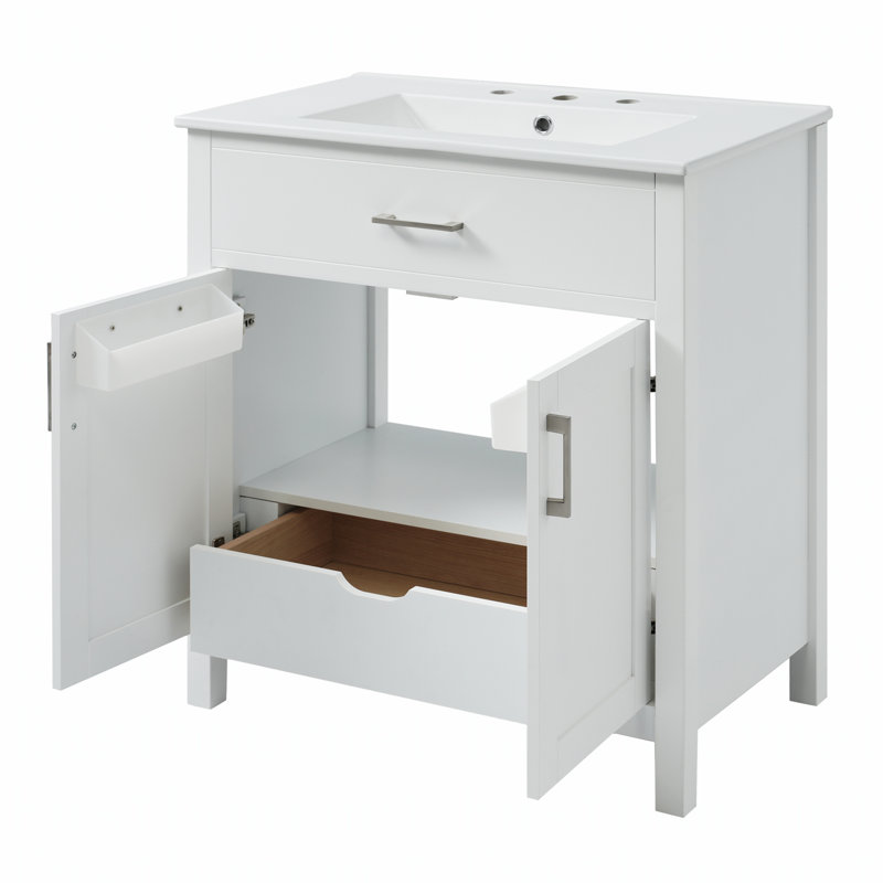 Meuble-lavabo de 30 pouces avec lavabo en céramique et grand rangement pour les petites salles de bain, durable et élégant