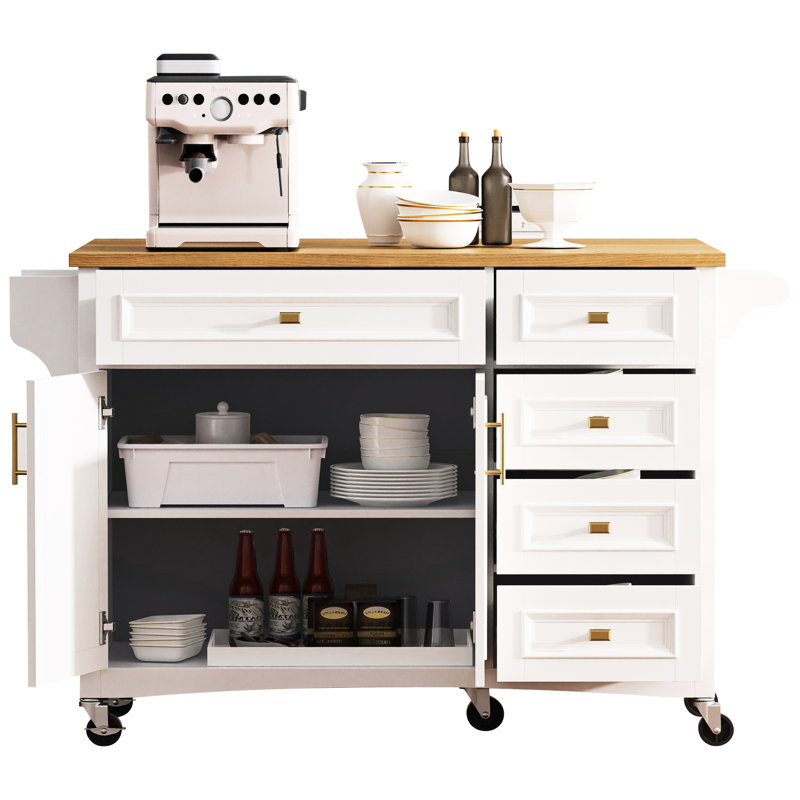 White Mobile Kitchen Island With Drop Leaf. Texture, Spice Rack, Towel 2 Doors, 5 Drawers, Adjustable Shelf For Chic Modern Luxury Coastal Wheels Ornament, Elegant