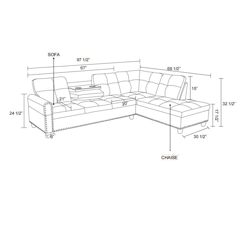 Naranja 2 - Piece 97" Vegan Leather Sectional With Drop down Table and Cupholders, Black Faux Leather, Right Hand Facing