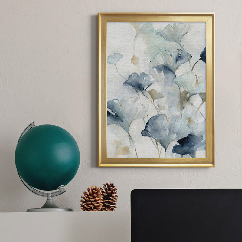 Indigo Ginkgo II - peinture sur toile encadrée, H 18,5 po x l 24,5 po x P 1,5 po, Or