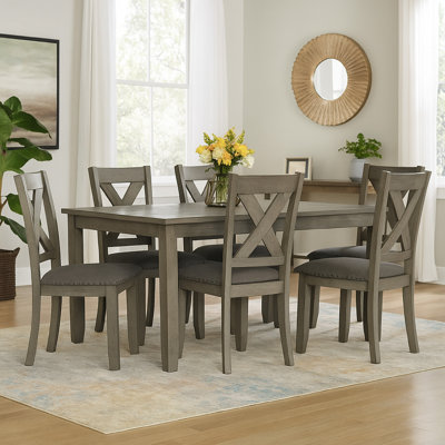 Wasdale 7 Piece Dining Table Set with 6 X-Back Chairs | Weathered Gray Wood | Padded Seats