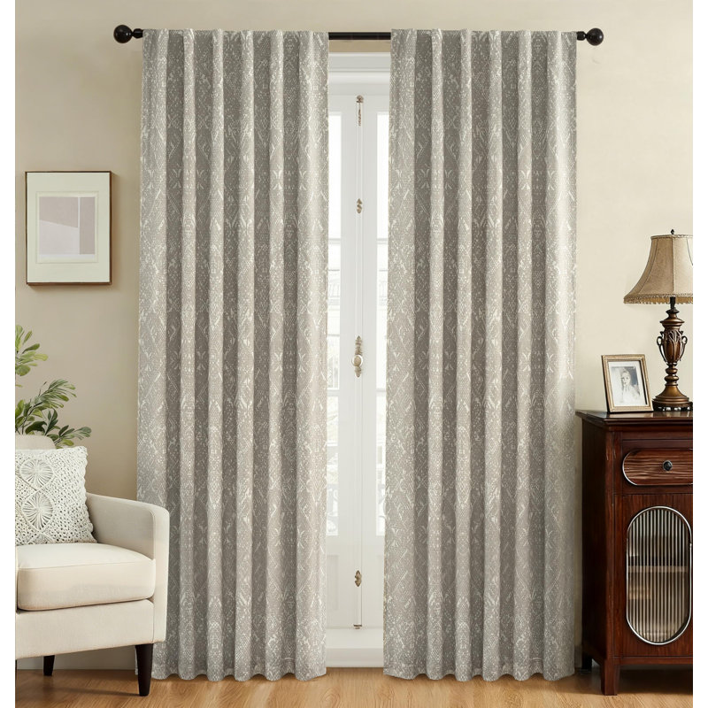 Boho Linen Blackout Curtains Double Layer Thermal Insulated Crochet Farmhouse Vintage Retro Printed Pattern Lined Drapes for Living Room Bedroom Back Tab 2 Panels