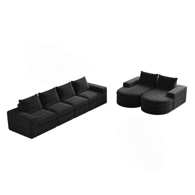 Canapé modulaire courbé avec méridienne Chenille Cloud, Chenille noir