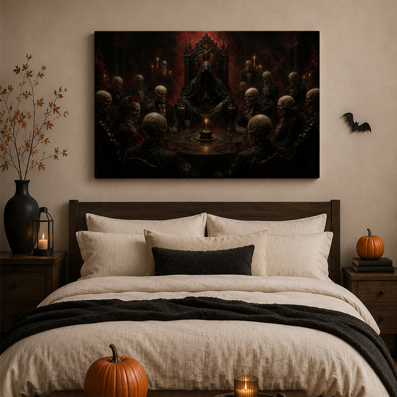 Squelettes gothiques à table avec figure encapuchonnée et toile murale d'Halloween, H 24 po x l 36 po
