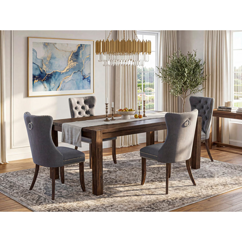 5 Piece Kitchen Table Set Includes a Rectangle Rustic Wood Dining Table and 4 Polyester Fabric Upholstered Chairs, Distressed Jacobean