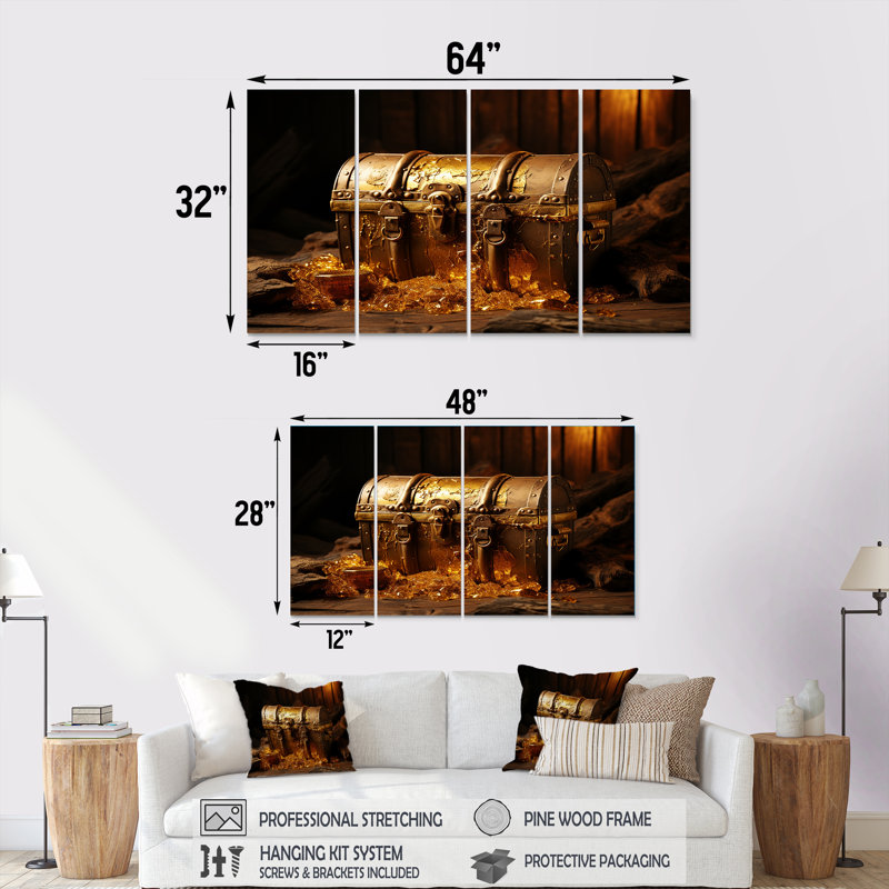 «Pirates Gold Treasure I - Pirate», art mural 4 pièces pour le salon, H 28 po x l 48 po