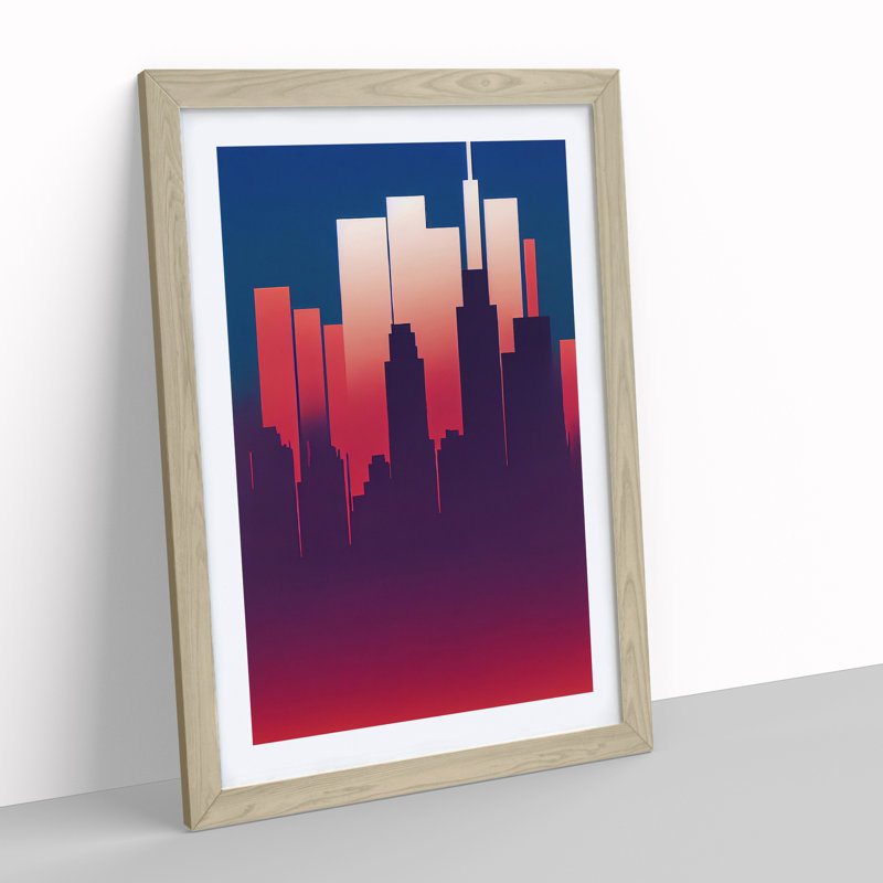 A Placid City Skyline Abstract - Wall Art, 48cm H x 36cm W, Oak Framed, White