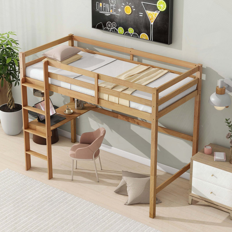 Twin Rubber Wood Loft Bed with Built-in Desk, White Oak