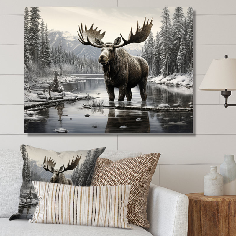 Brown White Moose Winter Majesty Framed On Canvas Print, 30" H x 40" W, Wrapped Canvas, No Frame