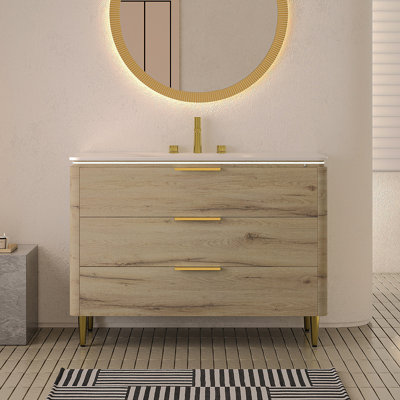 AMARA 48'' Bathroom Vanity With Sink, Freestanding Curved Edges Plywood Bathroom Storage Cabinet With 3 Drawers, Carrara White Sintered Stone Integrated Basin, Pre-Assembled, White Oak Woodgrain Color