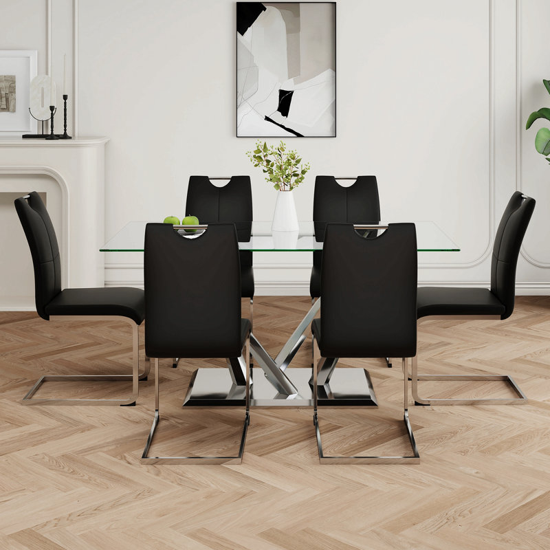 Table de salle à manger en verre, base en acier inoxydable robuste, ensemble de chaises de salle à manger, pieds de chaise galvanisés pour la salle à manger et la cuisine (ensemble de 5)