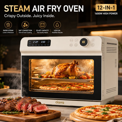 CIARRA 25.4 QT Air Fryer Toaster Oven Combo, 12-in-1 Countertop Convection Oven with Rapid Steam Cooking, 1600W, Fits 12" Pizza, White Stainless Steel