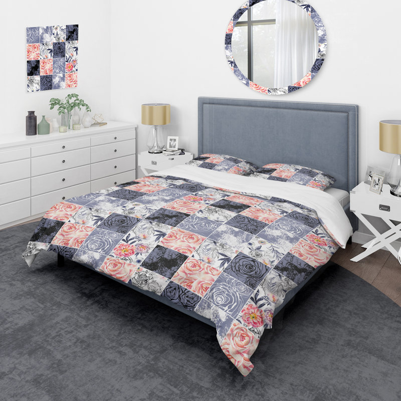Silver And Peach Roses Patchwork Polyester Patchwork Duvet Cover, King Duvet Cover + 2 King Shams